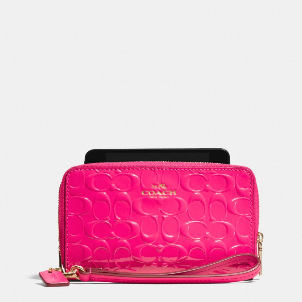 DOUBLE ZIP PHONE WALLET IN SIGNATURE DEBOSSED PATENT LEATHER - f53310 -  LIGHT GOLD/PINK RUBY