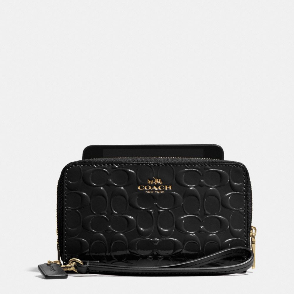 DOUBLE ZIP PHONE WALLET IN SIGNATURE DEBOSSED PATENT LEATHER - LIGHT GOLD/BLACK - COACH F53310