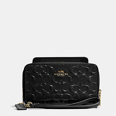 COACH F53310 DOUBLE ZIP PHONE WALLET IN SIGNATURE DEBOSSED PATENT LEATHER -LIGHT-GOLD/BLACK