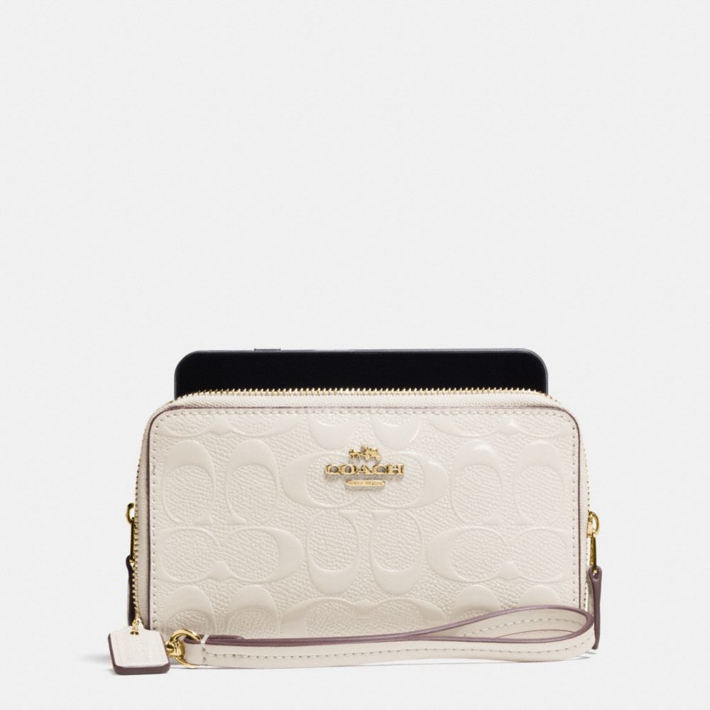 DOUBLE ZIP PHONE WALLET IN SIGNATURE DEBOSSED PATENT LEATHER - IMITATION GOLD/CHALK - COACH F53310