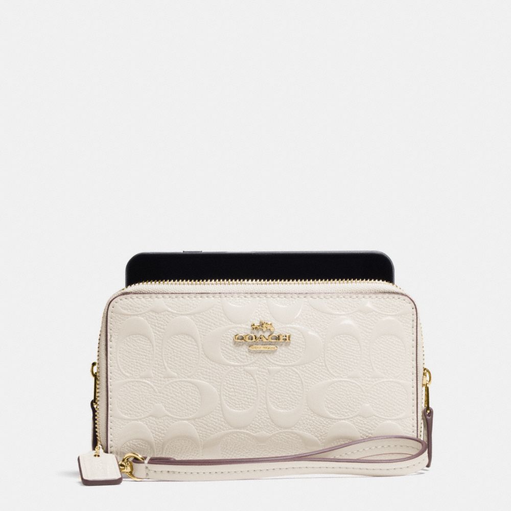 COACH F53310 Double Zip Phone Wallet In Signature Debossed Patent Leather IMITATION GOLD/CHALK