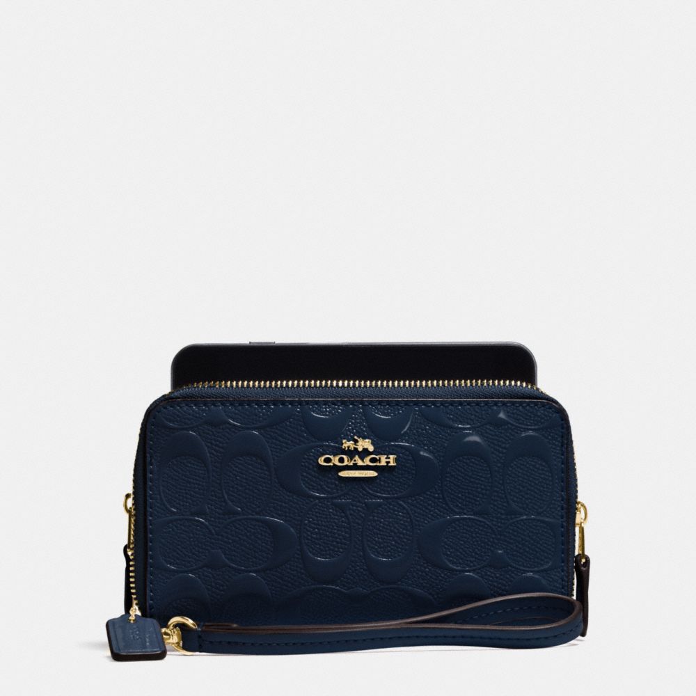 COACH F53310 Double Zip Phone Wallet In Signature Debossed Patent Leather IMITATION GOLD/MIDNIGHT