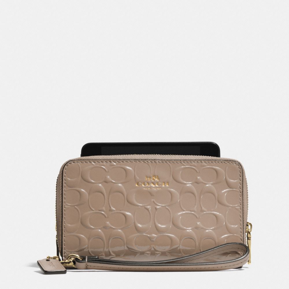 DOUBLE ZIP PHONE WALLET IN SIGNATURE DEBOSSED PATENT LEATHER - LIGHT GOLD/STONE - COACH F53310