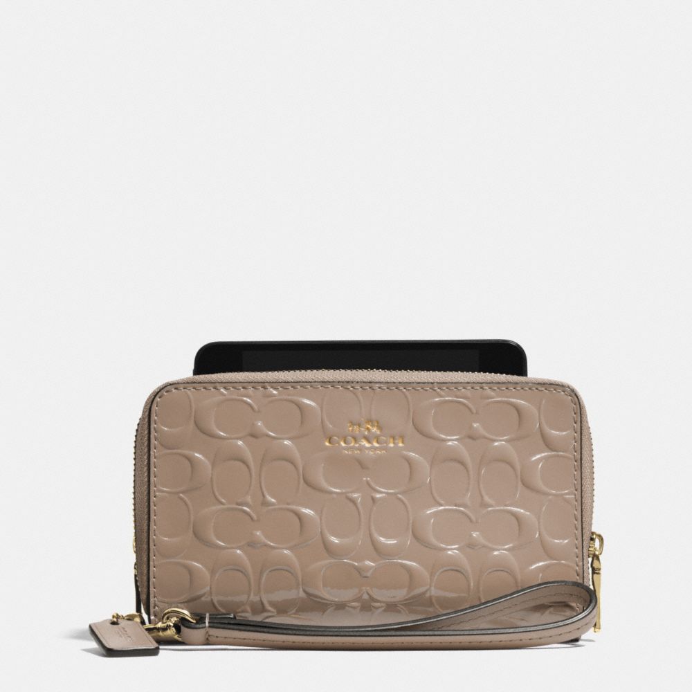 COACH F53310 Double Zip Phone Wallet In Signature Debossed Patent Leather LIGHT GOLD/STONE