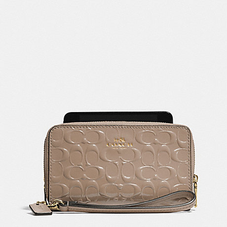 COACH f53310 DOUBLE ZIP PHONE WALLET IN SIGNATURE DEBOSSED PATENT LEATHER LIGHT GOLD/STONE