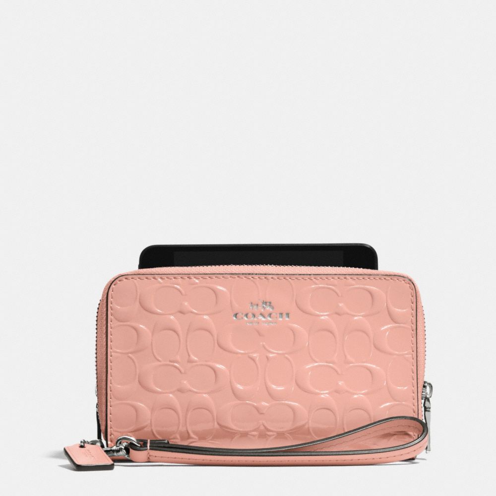 DOUBLE ZIP PHONE WALLET IN SIGNATURE DEBOSSED PATENT LEATHER - SILVER/BLUSH - COACH F53310
