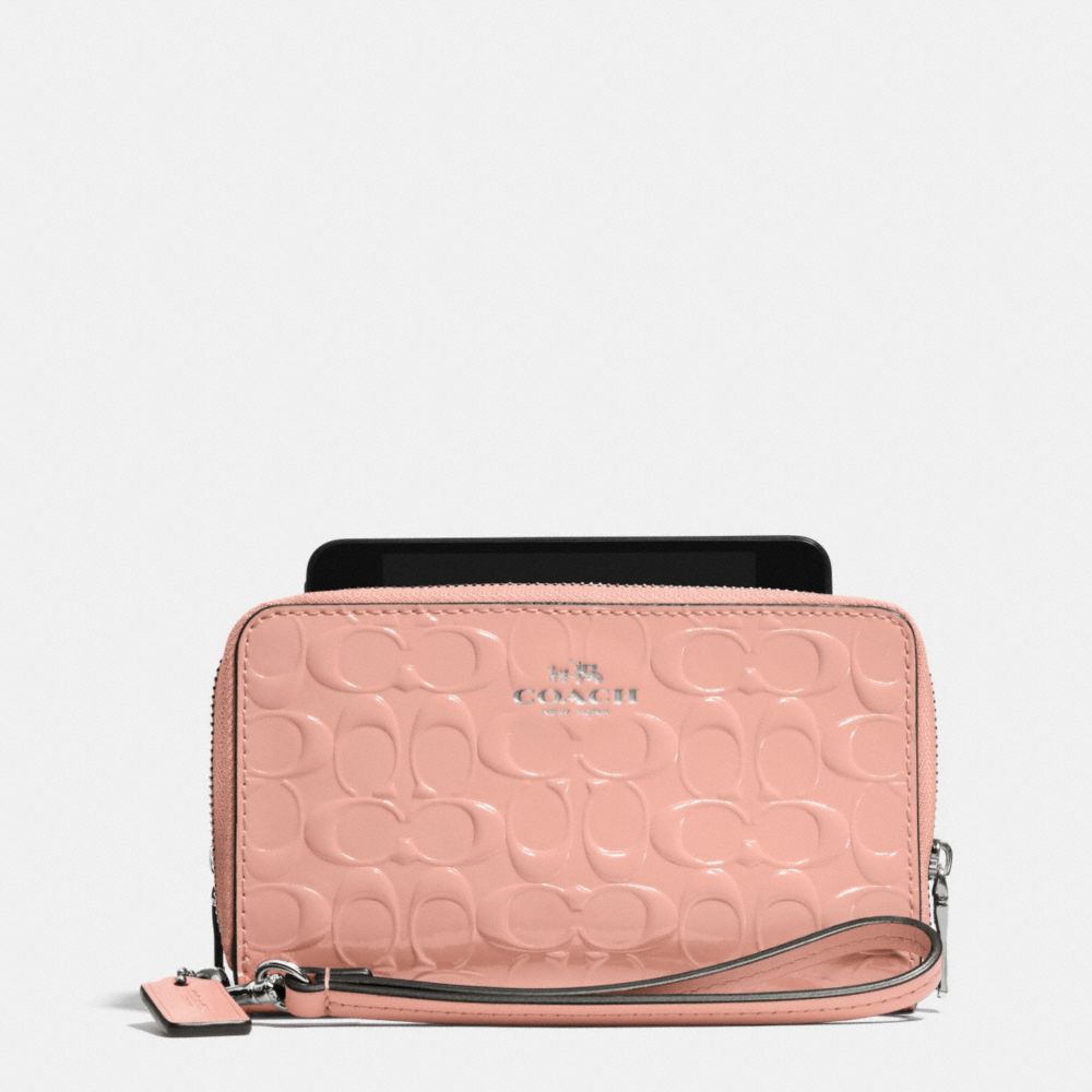 COACH f53310 DOUBLE ZIP PHONE WALLET IN SIGNATURE DEBOSSED PATENT LEATHER SILVER/BLUSH