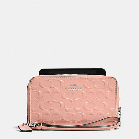 COACH F53310 DOUBLE ZIP PHONE WALLET IN SIGNATURE DEBOSSED PATENT LEATHER SILVER/BLUSH