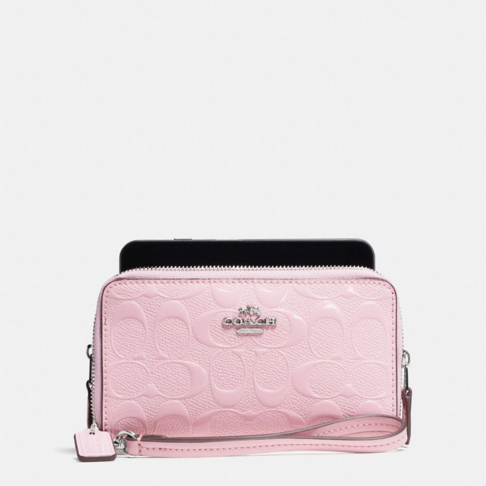 COACH f53310 DOUBLE ZIP PHONE WALLET IN SIGNATURE DEBOSSED PATENT LEATHER SILVER/PETAL