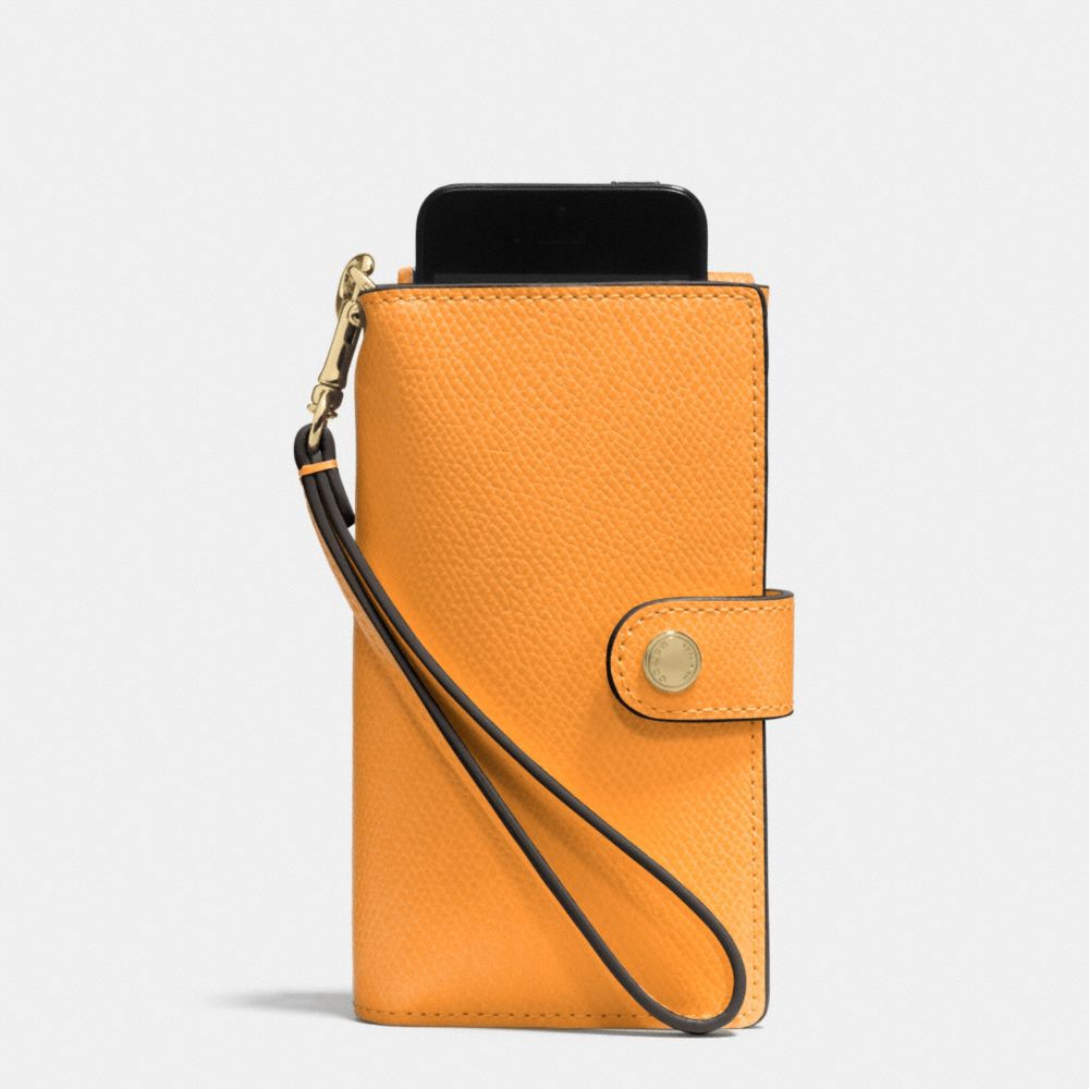 COACH f53311 PHONE CLUTCH IN CROSSGRAIN LEATHER IMITATION GOLD/ORANGE PEEL