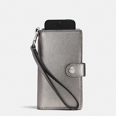 COACH F53311 PHONE CLUTCH IN CROSSGRAIN LEATHER -SILVER/PEWTER