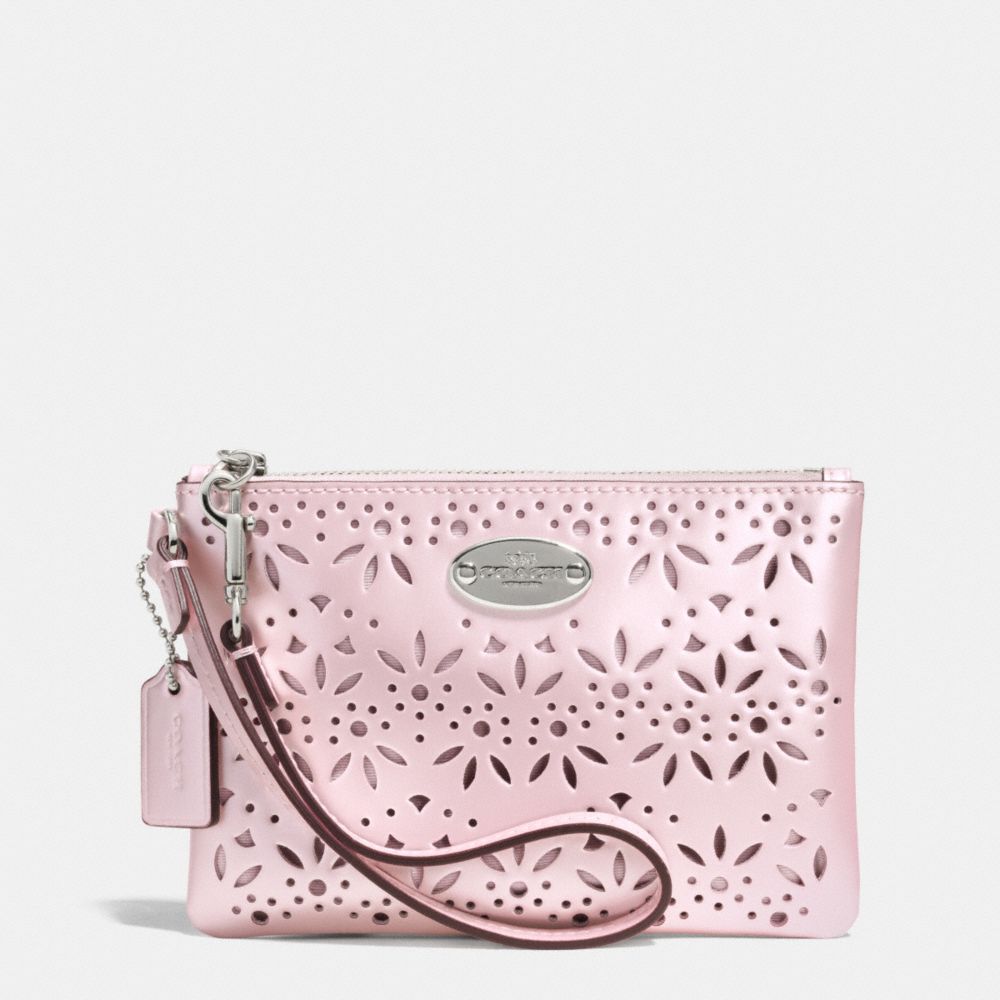 COACH F53336 Small Wristlet In Eyelet Leather  SILVER/SHELL PINK