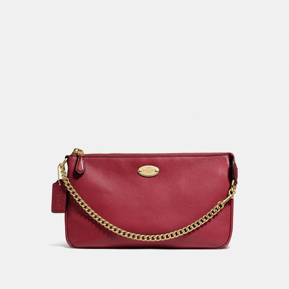 COACH f53340 LARGE WRISTLET 19 IN PEBBLE LEATHER IMITATION GOLD/CRANBERRY