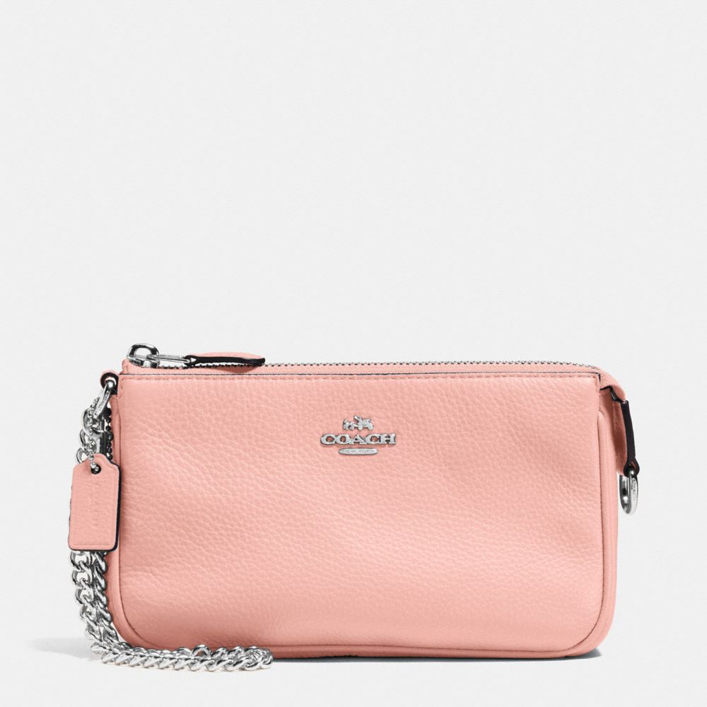 COACH f53340 LARGE WRISTLET 19 IN PEBBLE LEATHER SILVER/BLUSH