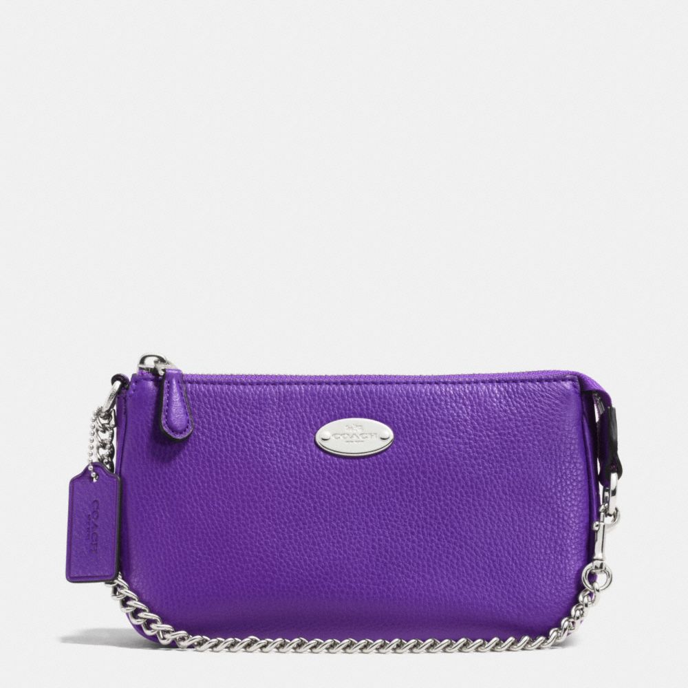 COACH F53340 LARGE WRISTLET 19 IN PEBBLE LEATHER SILVER/PURPLE-IRIS