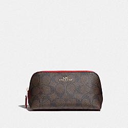 COSMETIC CASE 17 IN SIGNATURE CANVAS - BROWN/TRUE RED/IMITATION GOLD - COACH F53385
