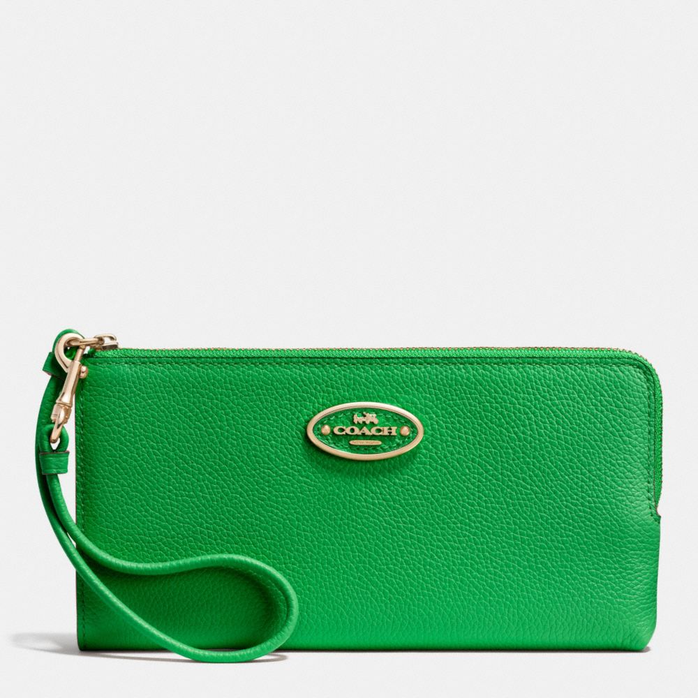 COACH f53413 L-ZIP WALLET IN REFINED GRAIN LEATHER LIGHTGOLD/GREEN