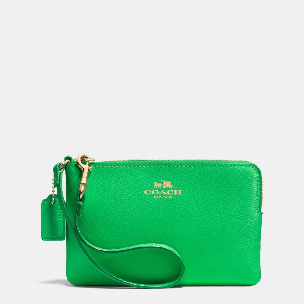 COACH F53429 Corner Zip Wristlet In Crossgrain Leather IMITATION GOLD/KELLY GREEN