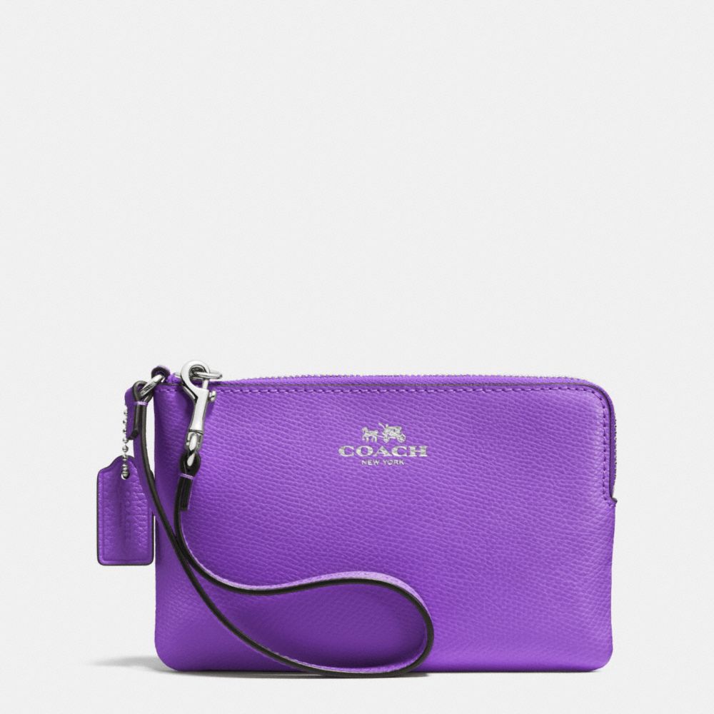 COACH F53429 CORNER ZIP WRISTLET IN CROSSGRAIN LEATHER SILVER/PURPLE-IRIS