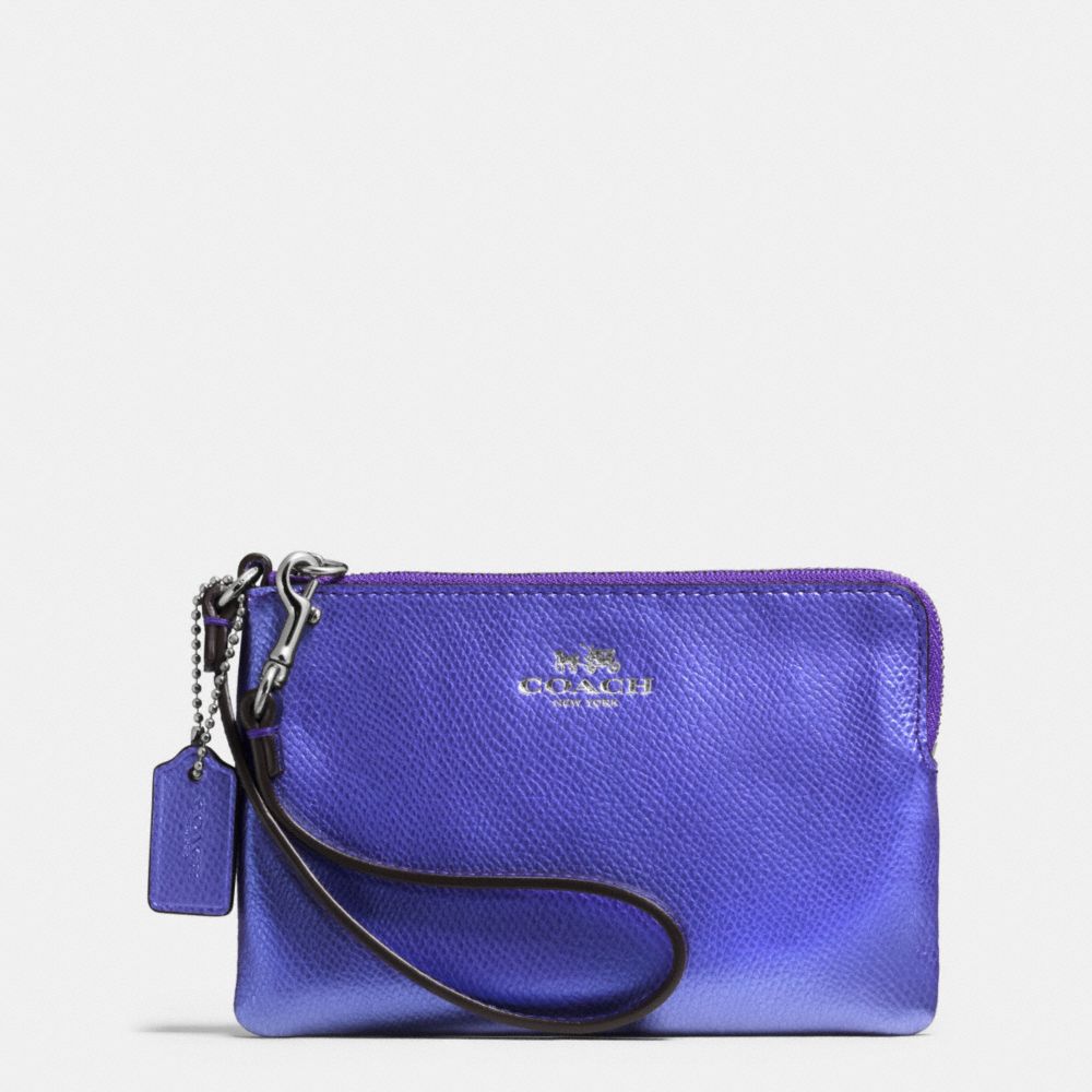 COACH F53429 CORNER ZIP WRISTLET IN CROSSGRAIN LEATHER SILVER/METALLIC-PURPLE-IRIS