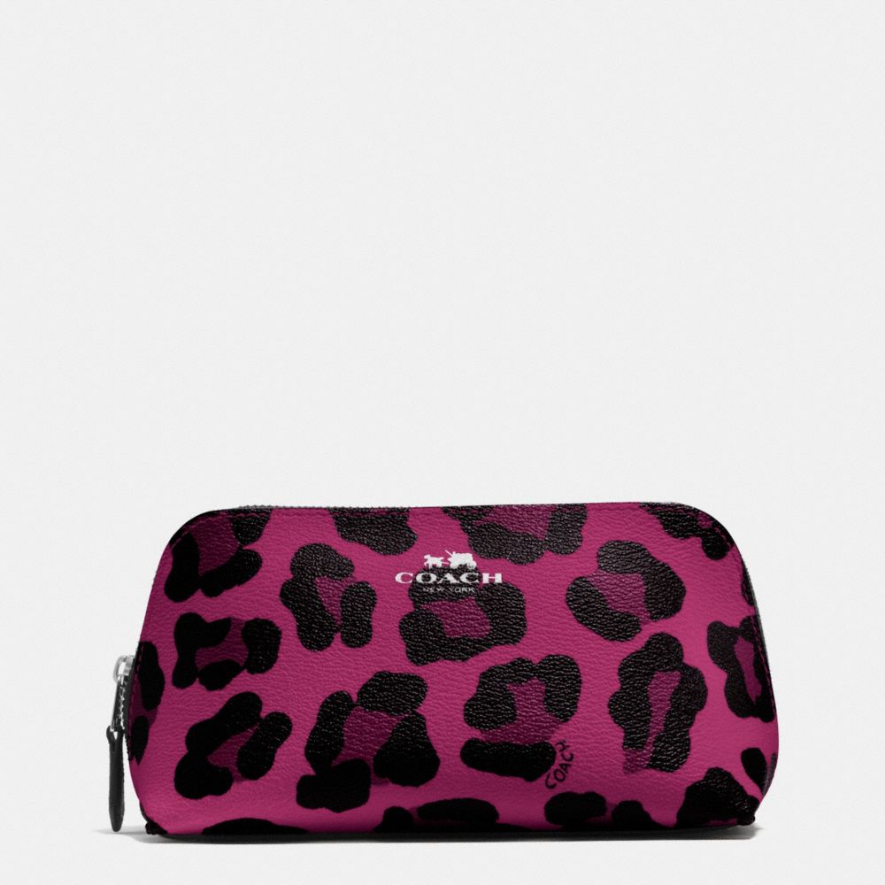 COACH f53438 COSMETIC CASE 17 IN OCELOT PRINT COATED CANVAS SILVER/CRANBERRY