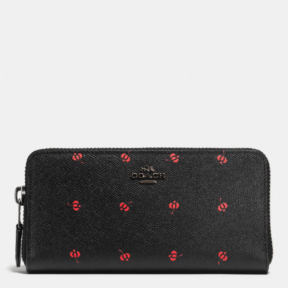 COACH f53445 ACCORDION ZIP WALLET IN FLORAL PRINT LEATHER BLACK ANTIQUE NICKEL/PRAIRIE BUD