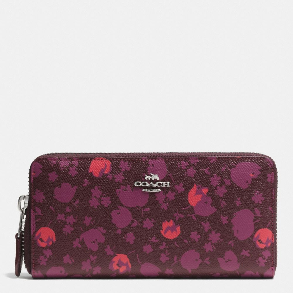 ACCORDION ZIP WALLET IN FLORAL PRINT LEATHER - f53445 - SILVER/OXBLOOD PRAIRIE CALICO