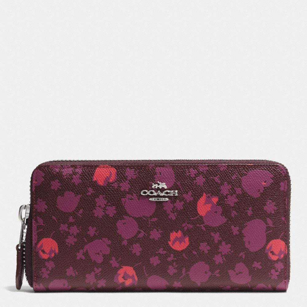 COACH F53445 Accordion Zip Wallet In Floral Print Leather SILVER/OXBLOOD PRAIRIE CALICO