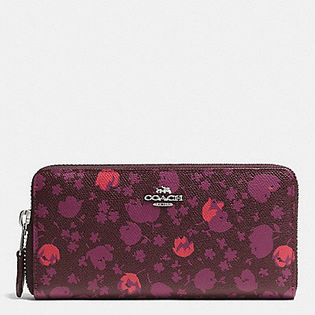COACH F53445 ACCORDION ZIP WALLET IN FLORAL PRINT LEATHER SILVER/OXBLOOD-PRAIRIE-CALICO