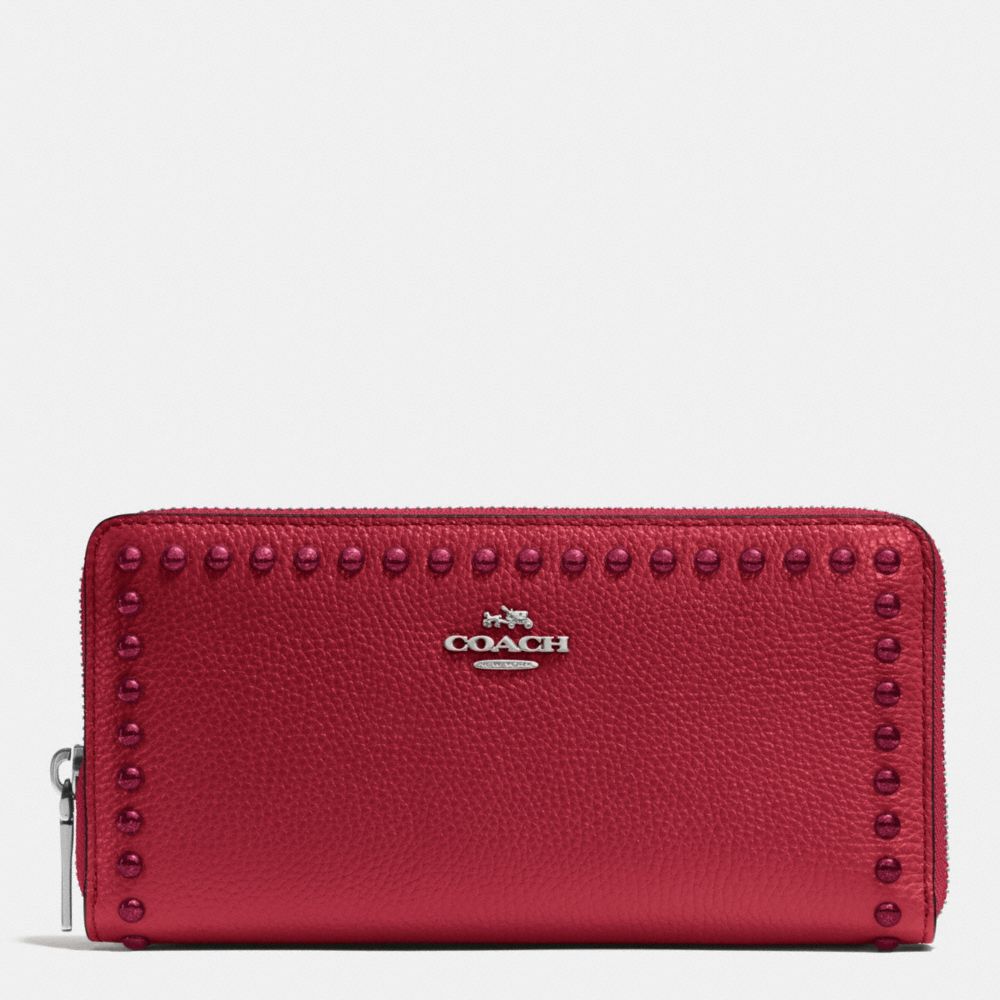 COACH f53489 ACCORDION ZIP WALLET IN LACQUER RIVETS PEBBLE LEATHER SILVER/RED CURRANT