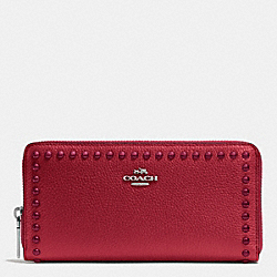 COACH F53489 Accordion Zip Wallet In Lacquer Rivets Pebble Leather SILVER/RED CURRANT