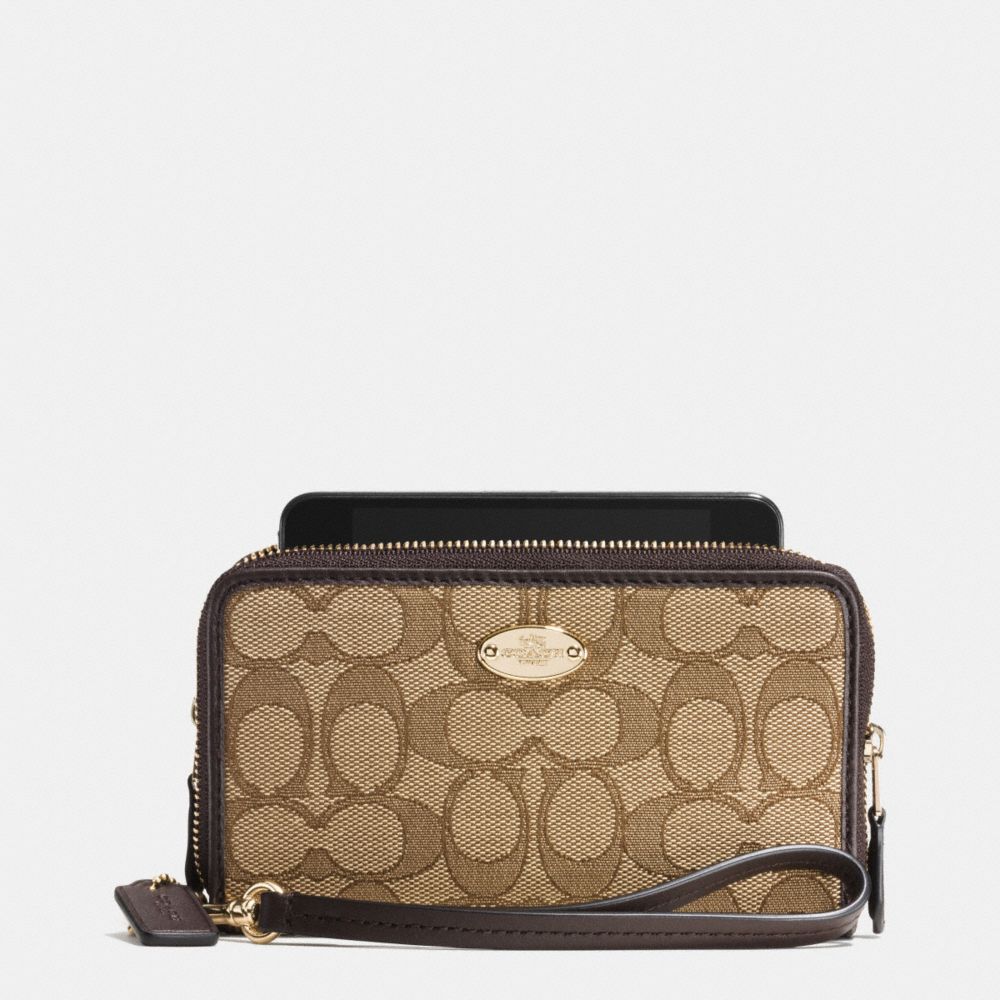 COACH F53537 Double Zip Phone Wallet In Signature LIGHT GOLD/KHAKI/BROWN