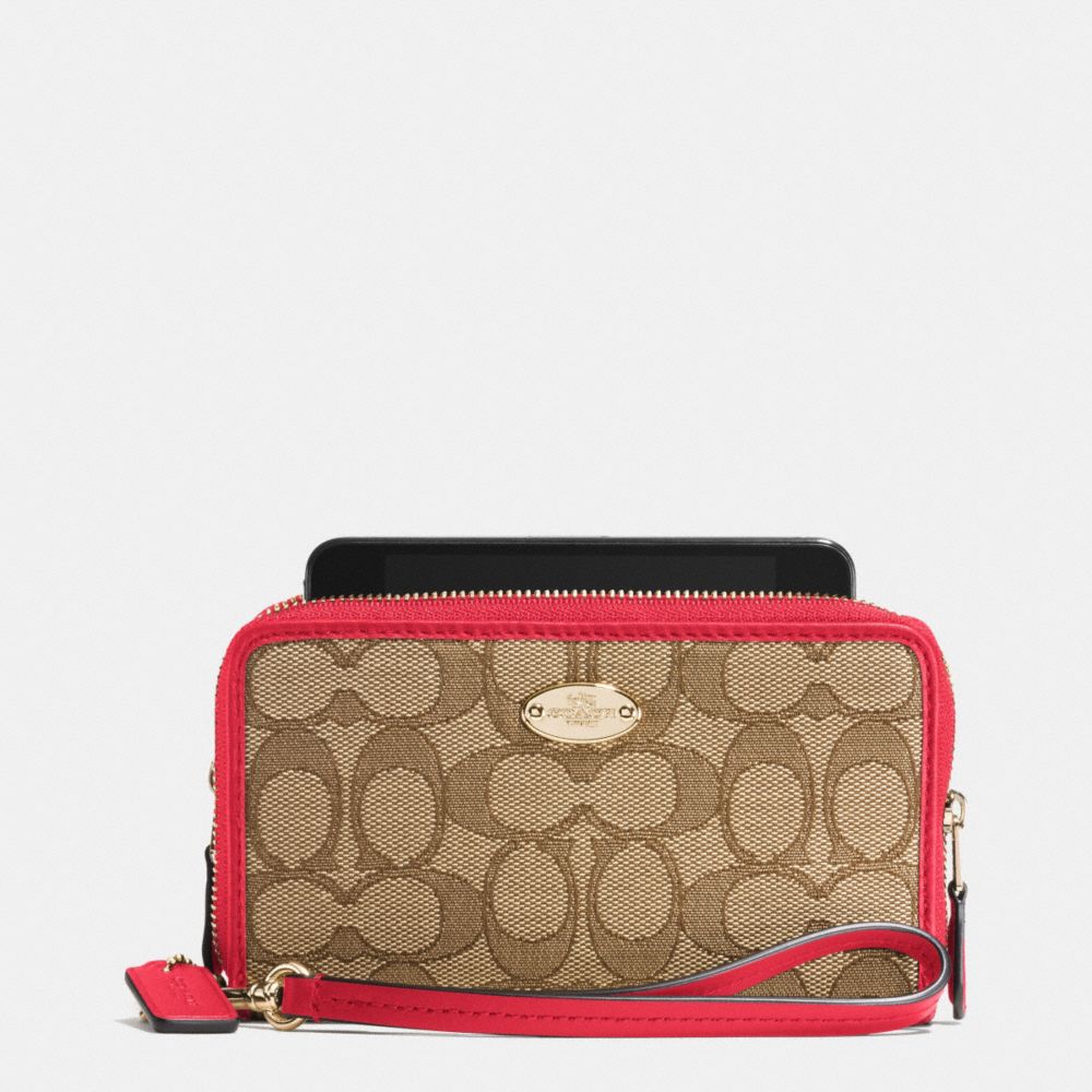 COACH DOUBLE ZIP PHONE WALLET IN SIGNATURE - IMITATION GOLD/KHAKI/CLASSIC RED - F53537