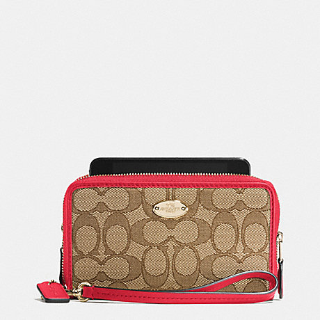 COACH DOUBLE ZIP PHONE WALLET IN SIGNATURE - IMITATION GOLD/KHAKI/CLASSIC RED - f53537