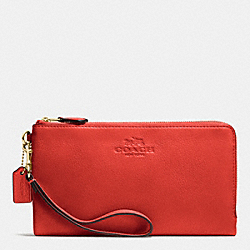 COACH F53561 Double Zip Wallet In Pebble Leather IMITATION GOLD/CARMINE