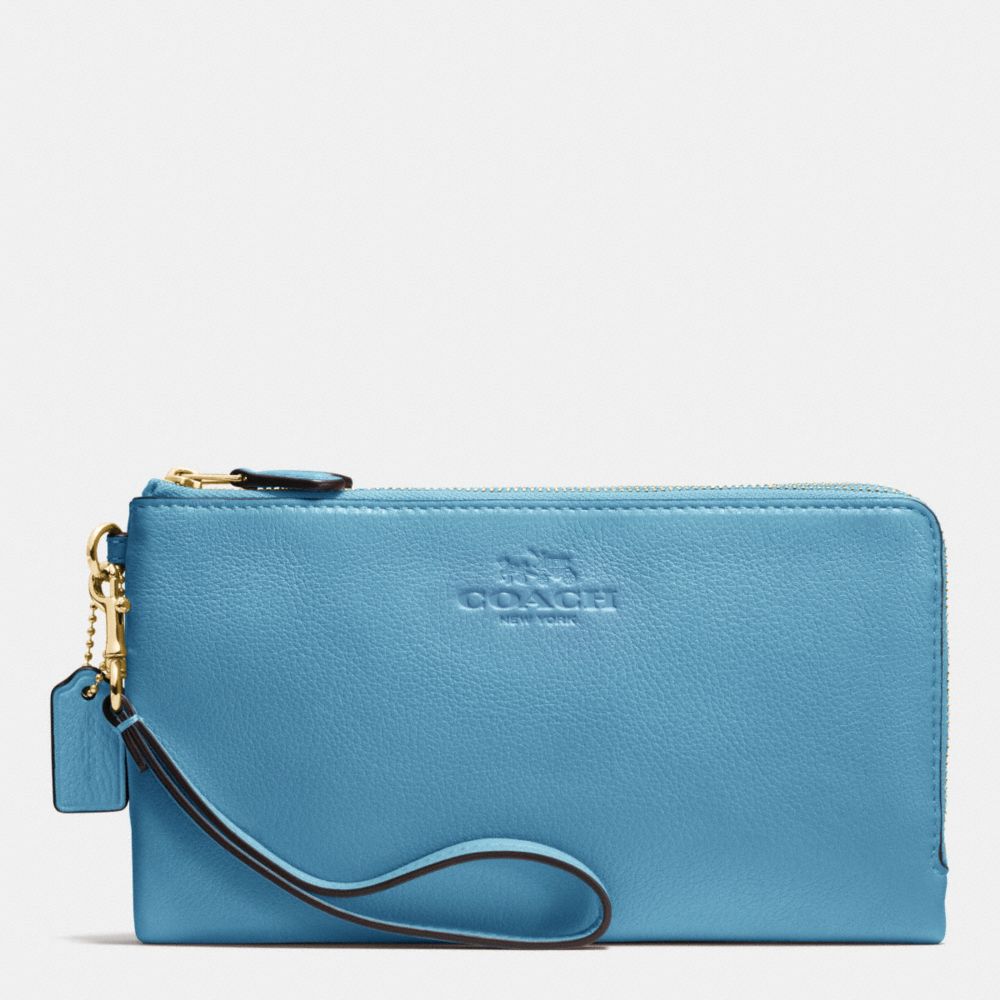 COACH F53561 Double Zip Wallet In Pebble Leather IMITATION GOLD/BLUEJAY