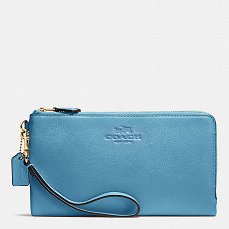COACH f53561 DOUBLE ZIP WALLET IN PEBBLE LEATHER IMITATION GOLD/BLUEJAY