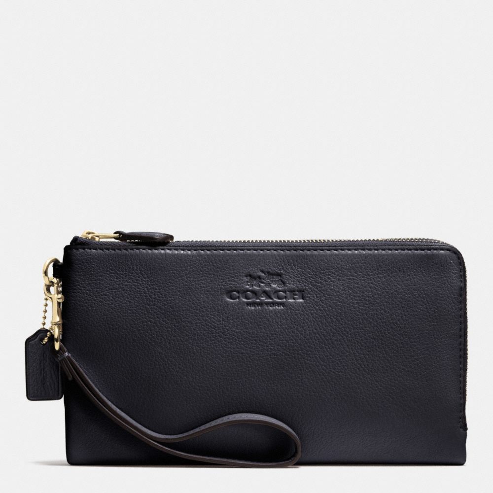 COACH F53561 Double Zip Wallet In Pebble Leather LIGHT GOLD/MIDNIGHT