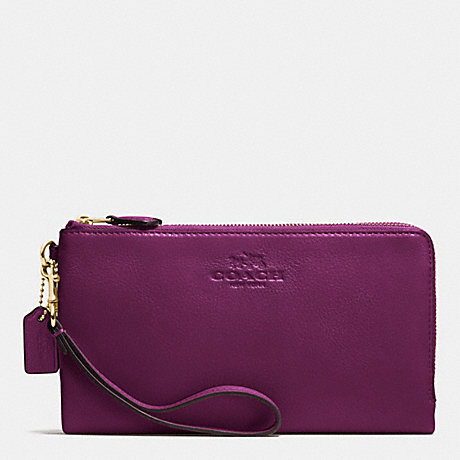 COACH f53561 DOUBLE ZIP WALLET IN PEBBLE LEATHER IMITATION GOLD/PLUM