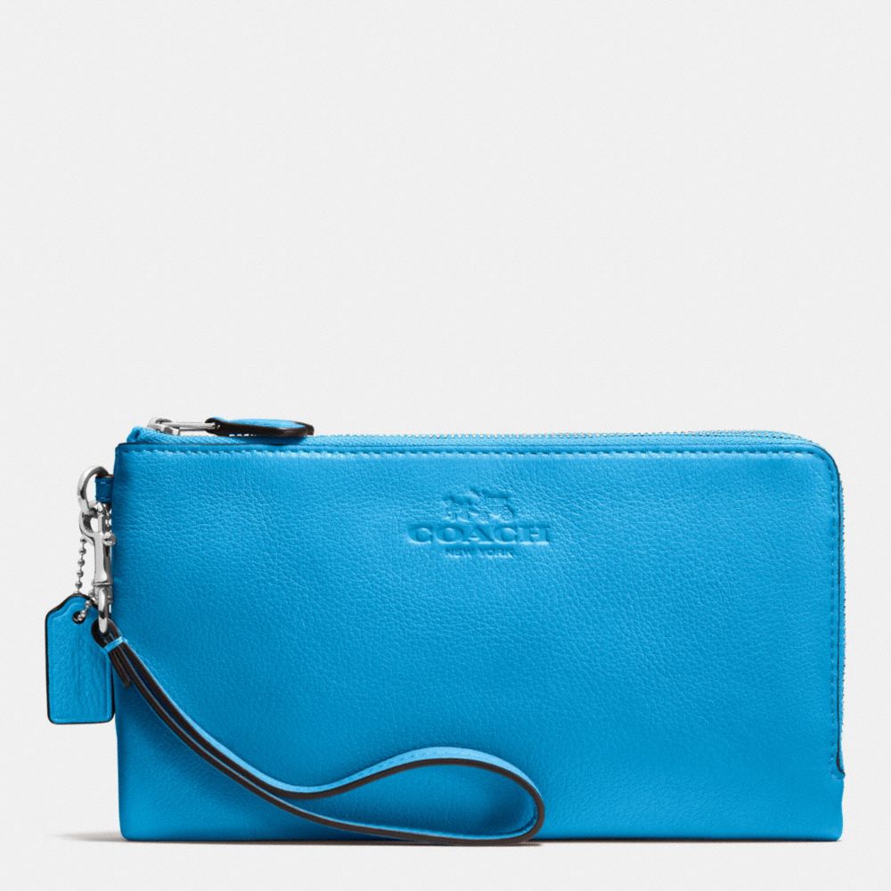 COACH F53561 Double Zip Wallet In Pebble Leather SILVER/AZURE