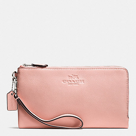COACH F53561 DOUBLE ZIP WALLET IN PEBBLE LEATHER SILVER/BLUSH