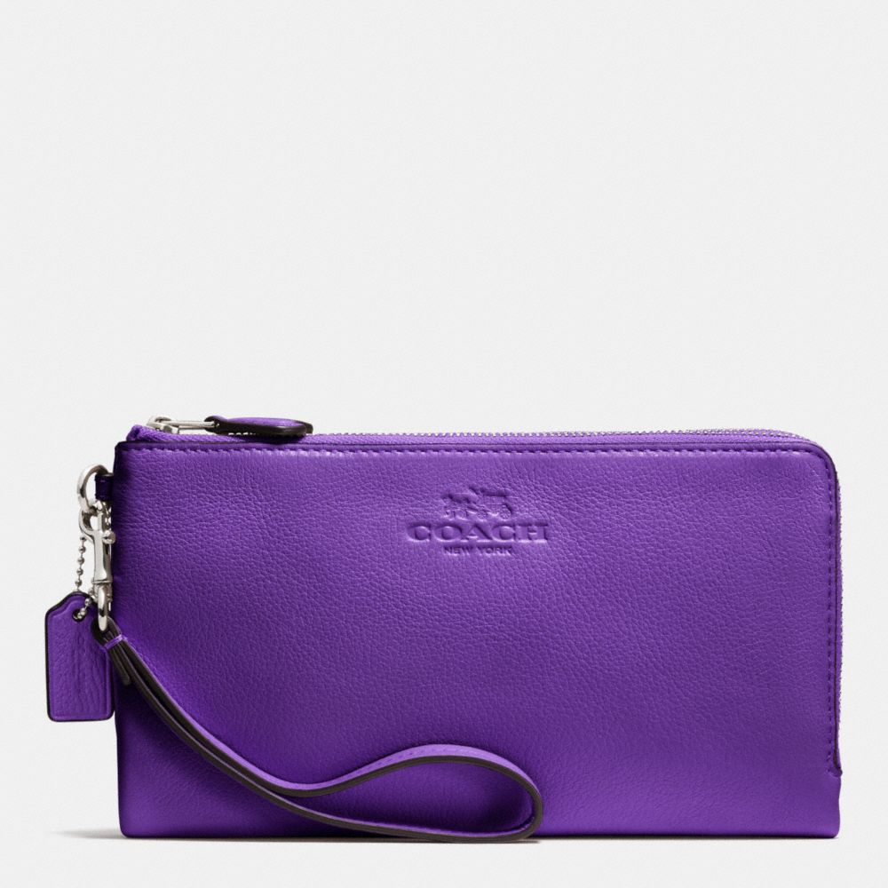 COACH DOUBLE ZIP WALLET IN PEBBLE LEATHER - SILVER/PURPLE IRIS - f53561