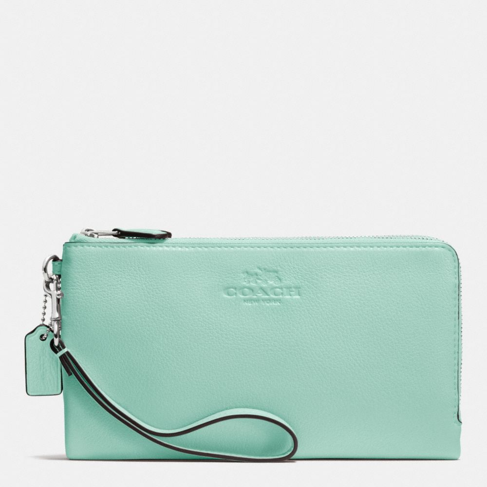 COACH DOUBLE ZIP WALLET IN PEBBLE LEATHER - SILVER/SEAGLASS - f53561