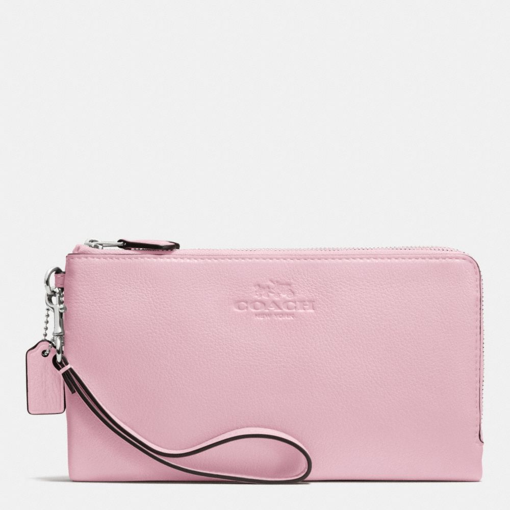 COACH DOUBLE ZIP WALLET IN PEBBLE LEATHER - SILVER/PETAL - F53561