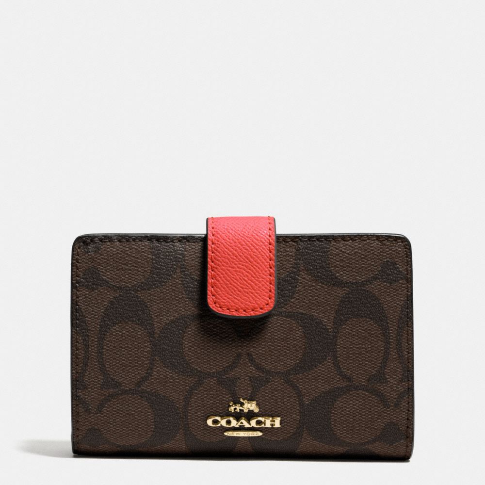 COACH F53562 Medium Corner Zip Wallet In Signature IMITATION GOLD/BROWN/CARMINE