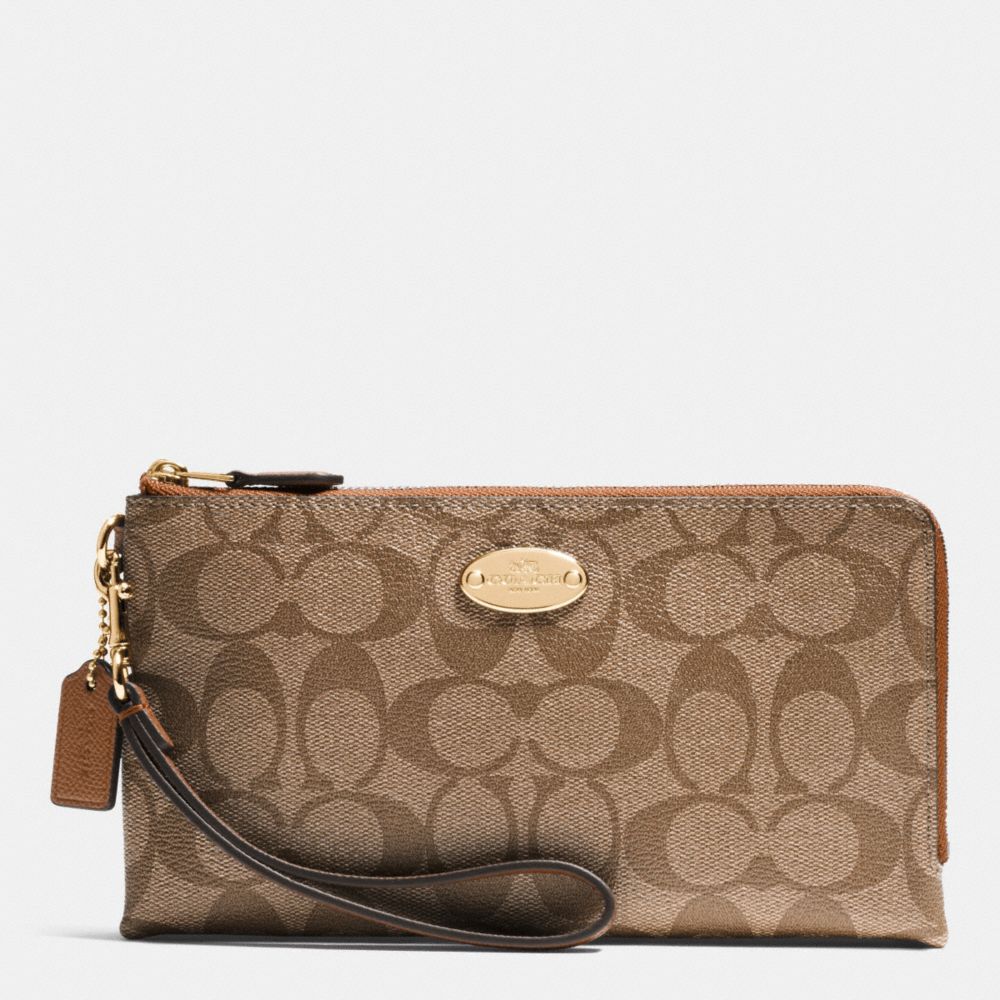 COACH F53563 DOUBLE ZIP WALLET IN SIGNATURE LIGHT-GOLD/KHAKI/SADDLE