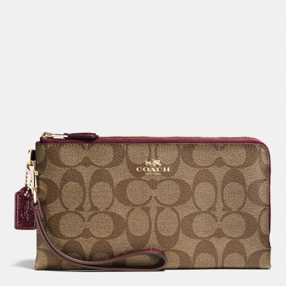 COACH f53563 DOUBLE ZIP WALLET IN SIGNATURE IMITATION GOLD/KHAKI/SHERRY