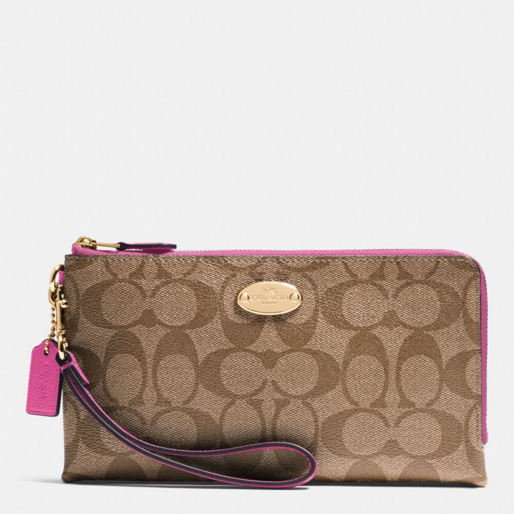 COACH f53563 DOUBLE ZIP WALLET IN SIGNATURE IMITATION GOLD/KHAKI/DAHLIA