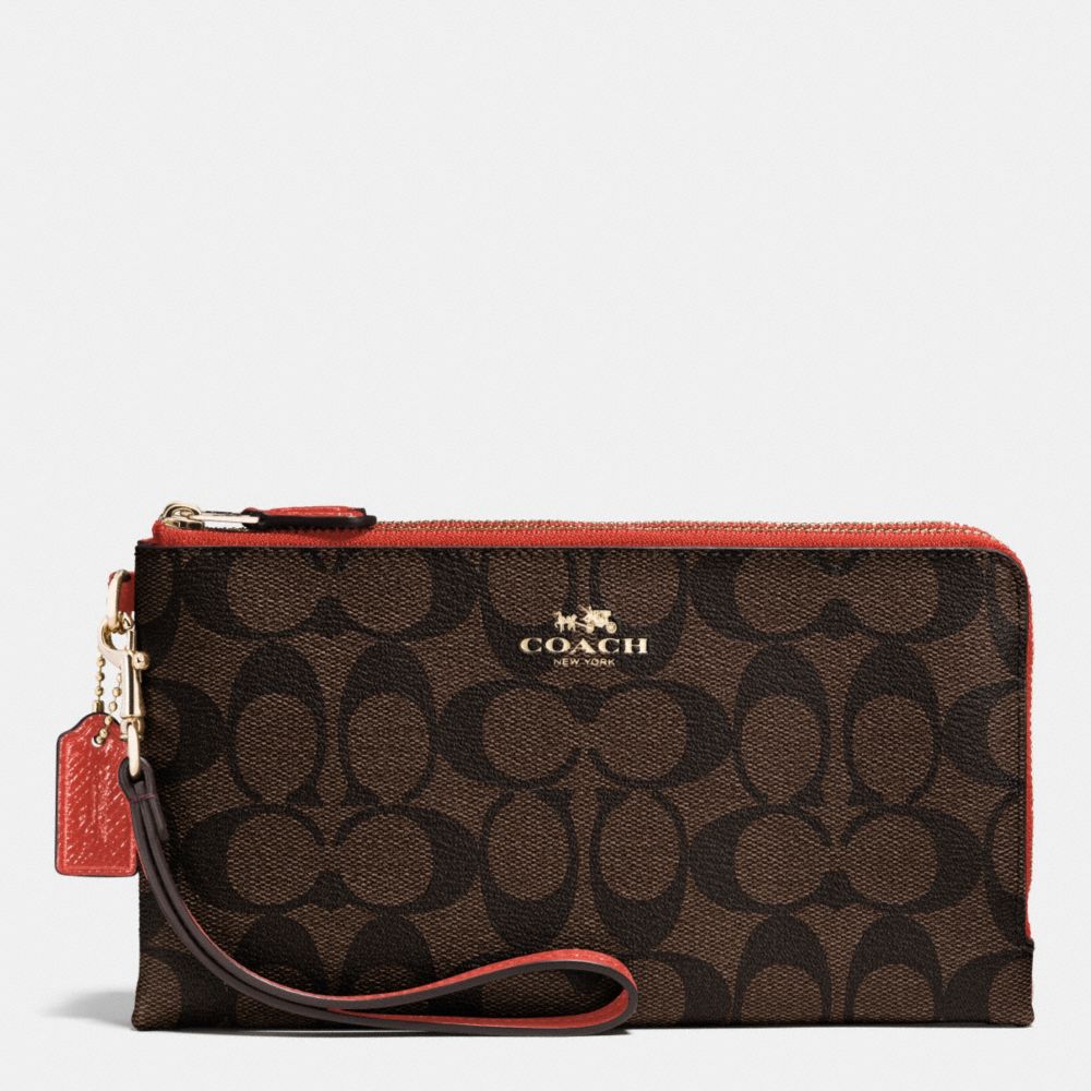 COACH F53563 Double Zip Wallet In Signature IMITATION GOLD/BROWN/CARMINE