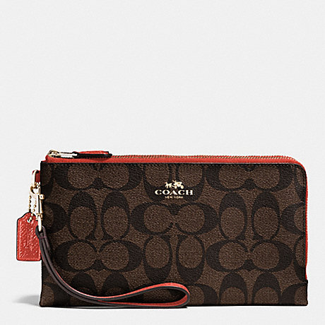 COACH F53563 DOUBLE ZIP WALLET IN SIGNATURE IMITATION-GOLD/BROWN/CARMINE